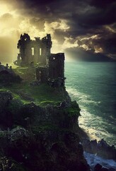 3D rendered illustration of a dilapidated castle on a rock, the sea and cloudy sky in the background