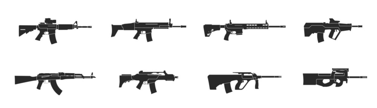 assault rifle icon set. weapon, carbine and firearms symbols. isolated vector images for military infographics