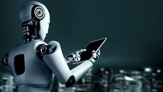 Futuristic robot artificial intelligence huminoid AI programming coding technology development and machine learning concept. Robotic bionic science research for future of human life. 3D rendering.