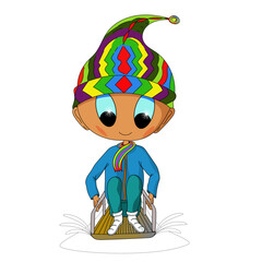 little boy with colorful hat on a sled in the snow