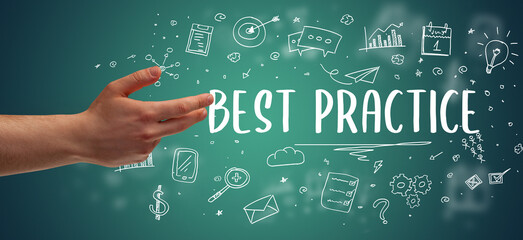 Close-Up of cropped hand pointing at business inscription