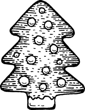 Pine tree cookie gingerbread. Christmas coloring page. Ginger bread vecto. Santa graphic. Xmas biscuit cake. New year, Merry Christmas. Gingerbread sketch. Hand drawn ginger bread. Engraved line ink