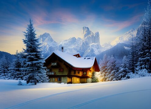 painting of winter skiing christmas mountain cottage scene in beautiful landscape in the bavarian alps