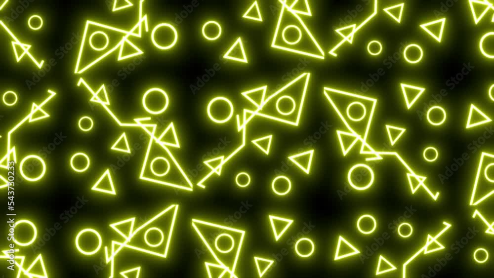 Poster glowing colorful neon digital geometric shapes, abstract digital geometric shape moving on black bac