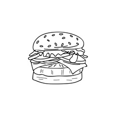 Burger doodle illustration in vector. Burger hand drawn illustration in vector. Hamburger doodle illustration