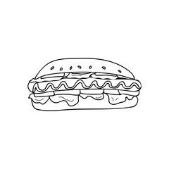 Hot dog doodle illustration in vector. Hot dog hand drawn illustration in vector. Hot dog doodle icon in vector