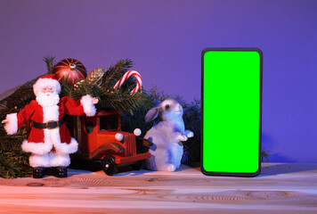 Christmas pedestal with phone chromakey still life with a Christmas car with Santa and a bunny