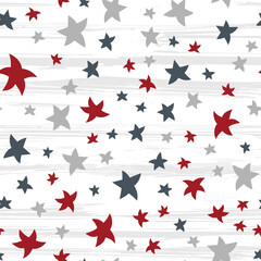 Multicolored stars on a light background with gray brush strokes. Seamless pattern for wrapping paper and textiles.
