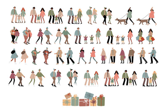 People on winter market vector illustration in flat style, girl, guy, couple, family, men, woman, child, elderly people, old people, parents, children in Christmas city clipart