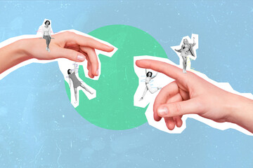 Creative photo 3d collage poster postcard artwork of different many happy people have fun two big arm isolated on painting background