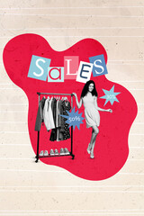 Vertical collage image of cheerful pretty girl black white colors clothes rack sale advert isolated on painted background