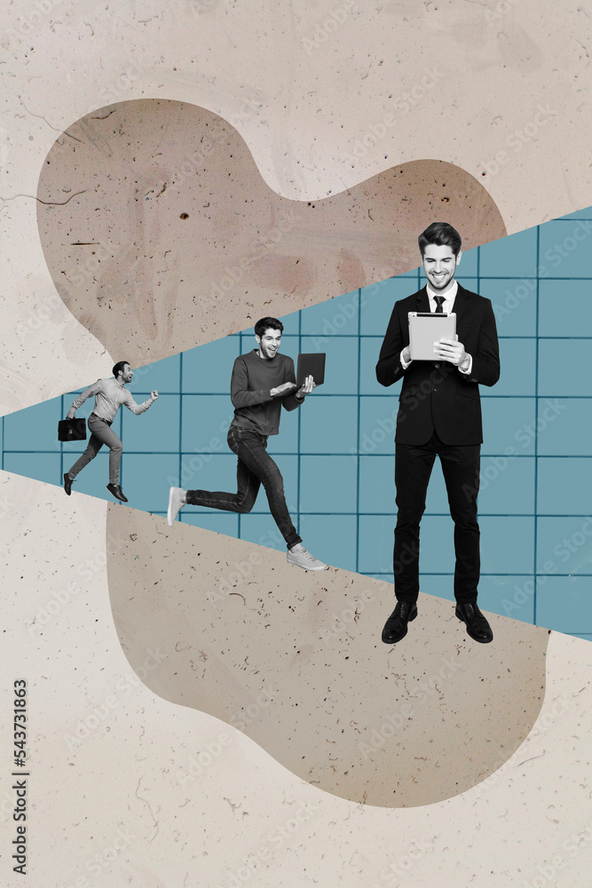 Poster vertical collage image of business people black white gamma run use tablet netbook hold briefcase is