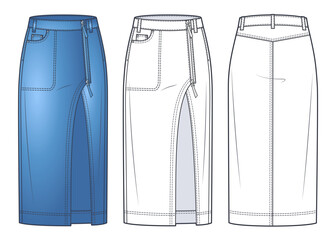 Asymmetric Denim Skirt technical fashion illustration, blue design. Midi Skirt fashion flat sketch template, zip up, front pocket, slit, front and back view, white, CAD mockup set. - obrazy, fototapety, plakaty