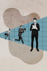 Vertical collage image of business people black white gamma run use tablet netbook hold briefcase...