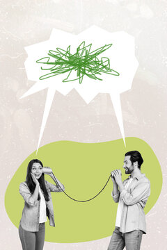 Vertical collage picture of two cheerful people black white effect hold connected cups talk listen isolated on drawing background