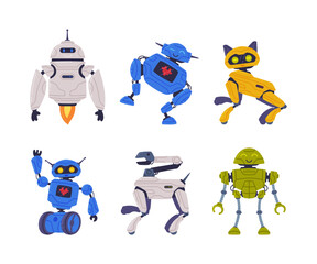Cute robots cyborg and animal characters set. Artificial intelligence technology cartoon vector illustration