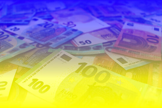 Euro banknotes are colored in the colors of the Ukrainian flag. The concept of European financial assistance to Ukraine.