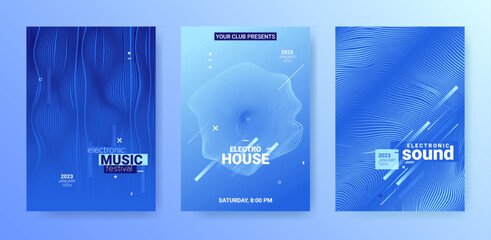 Edm Techno Sound Flyer. Electronic Music Poster. Dance Party Cover. Vector Dj Background. Techno Sound Flyer Set. Futuristic Festival Banner. Gradient Wave Movement. Abstract Techno Sound Flyers. - 543732496