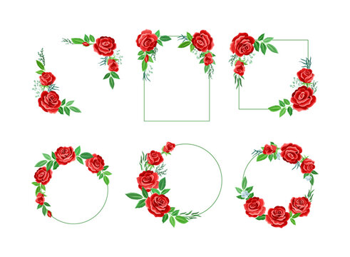 Retro flower frames of red roses of different shapes set. Wedding, party invitation, greeting card cartoon vector illustration