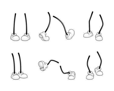 Comic walking stick legs in white sport shoes in various positions set cartoon vector illustration