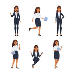 Fototapeta premium Beautiful businesswoman in different poses set. Woman office employee character showing different emotions and gesturing vector illustration