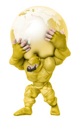 super hero cartoon with beard on suit is holding the world on his shoulders