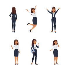 Beautiful businesswoman in formal clothes in different poses set. Woman office employee character showing different emotions and gesturing vector illustration