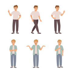 Obraz premium Young man in casual clothes gesturing set. Guy pointing with finger, standing with folded hands, waving hand in greeting and doubting vector illustration