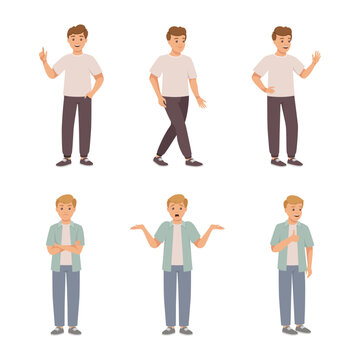 Young man in casual clothes gesturing set. Guy pointing with finger, standing with folded hands, waving hand in greeting and doubting vector illustration