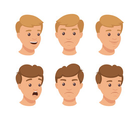 Set of various male emotional faces. Man with different facial expressions, smiling, surprised, cheeful, upset. Young man character creation vector illustration