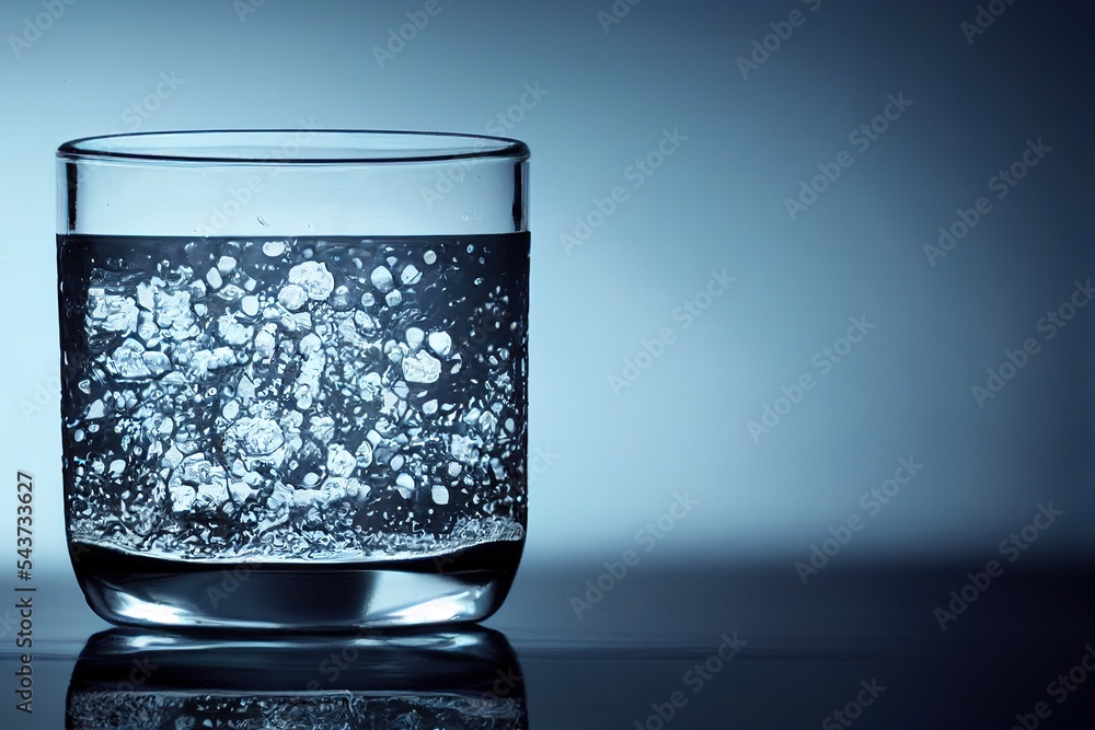Poster a glass of water with bubbles in it on a table top with a blue background and a reflection of the wa
