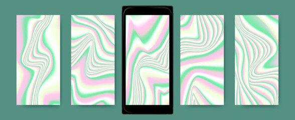 Multicolor Hologram Screensaver. Abstract Vibrant Templates for Mobile. Mesh Liquid Textures. Holographic Wallpapers. Neon Fluid Background. Vector Gradient Waves. Bright Holography Set.