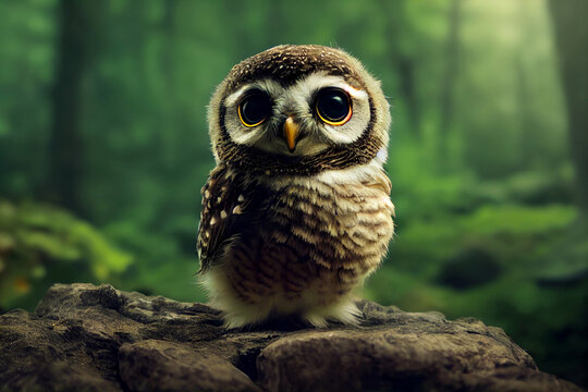 Baby owl at forest 3d illustrated