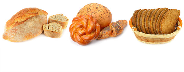 Set of bread and bakery products isolated on white . Wide photo. Free space for text. Collage.