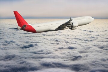 Side view of an airplane flying in the sky with highlighted visible clouds