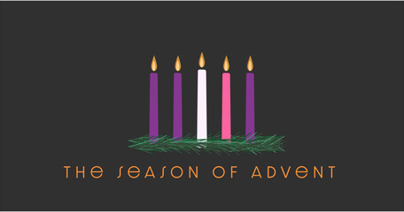 The Season of Advent, with four purple and pink candles of Advent plus the candle of Christ in the center with a wreath.