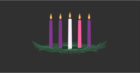 The four purple and pink candles of Advent plus the candle of Christ in the center with a wreath.
 - obrazy, fototapety, plakaty