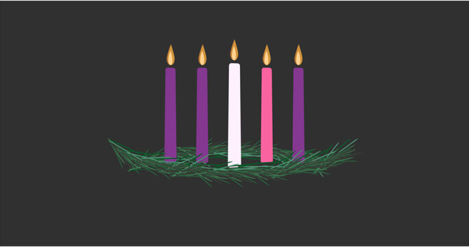 The four purple and pink candles of Advent plus the candle of Christ in the center with a wreath.
