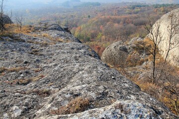 View down to the autumn forest from a cliff in the locality of Madara (Bulgaria) in autumn
