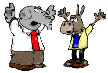 Cartoon illustration of a Republican elephant and a Democratic donkey arguing PNG transparent background