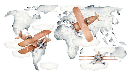 Map with airplanes.World atlas.