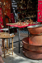 Handmade copper products outside a Bazaar in the old medina of Fez