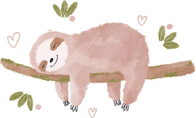 Cute pink sloth watercolor illustration. Sleeping baby sloth. Cartoon sloth clipart - 543739034