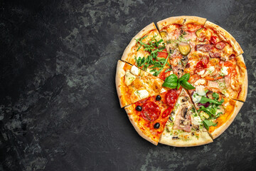slices of pizza with different toppings on a dark background, banner, menu, recipe place for text,...
