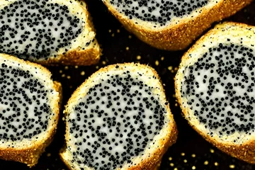 Fotobehang AI-generated hyper-realistic cheesecake with chia seeds on the black background © Omer Mendes/Wirestock Creators