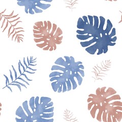 Tropical leaves seamless pattern. Monstera watercolor bee and pink leaves illustration - 543740270