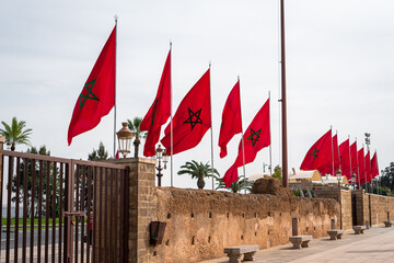 Row of Moroccan flags fluttering in Rabat