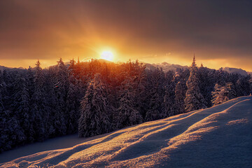 Snowy winter sunset illustration
