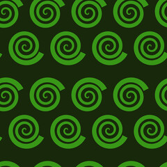 Black surface with green spiral ornament. Vector seamless pattern. Background illustration, decorative design for fabric or paper. Ornament modern