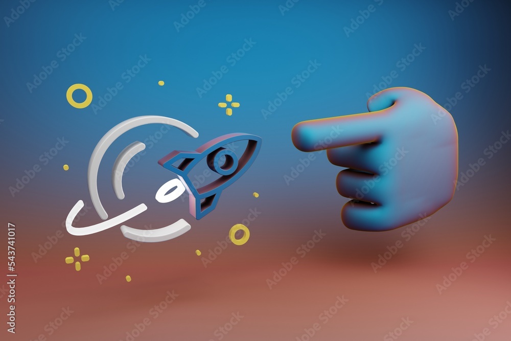 Aufkleber Beautiful illustrations abstract Hand index finger points to Rocket Launch symbol icon on a multicolor bright background. 3d rendering illustration. Background pattern for design. Space exploration.